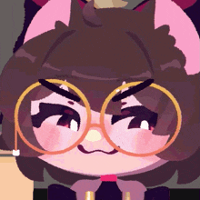 a close up of a cartoon character wearing glasses and a bow