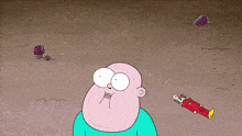 a cartoon character is standing in the dirt with a purple flower in the background