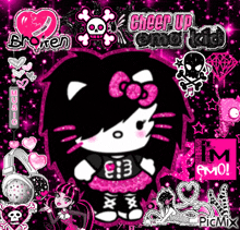 hello kitty is wearing a black and pink outfit and has a bow on her head .