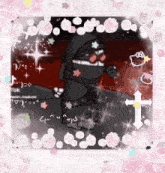 a cartoon character is standing next to a cross in a frame .