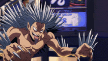 a cartoon character with spikes on his arms stands in front of a sign that says ' 28 '