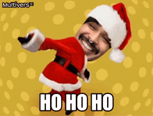 a man dressed as santa claus is dancing with the words ho ho ho on the bottom