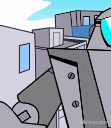 a cartoon of a robot standing in front of a building with the words clideo.com below it