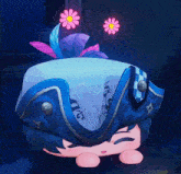 a cartoon character wearing a blue hat with flowers on it