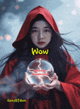 a girl in a red cape is holding a glass ball with lightning in it