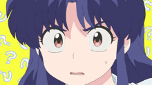 a close up of a girl 's face with a question mark in the background