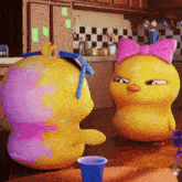 two cartoon chickens are standing next to each other with one wearing sunglasses