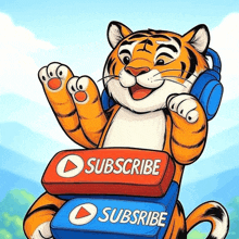 a cartoon illustration of a tiger holding a stack of buttons that say subscribe