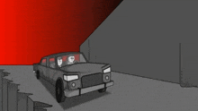 a black and white cartoon of a limousine driving down a cliff .