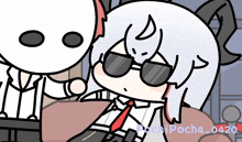 a drawing of a girl wearing sunglasses and a red tie with the name pochi pocha written below it
