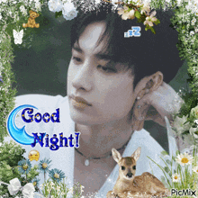 a picture of a man and a deer with the words good night on it