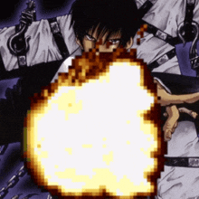 a pixel art of a man with a flame coming out of his chest