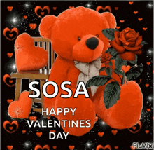 a red teddy bear is sitting in a chair and says sosa happy valentines day