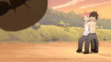 a couple of anime characters standing next to each other on a dirt field