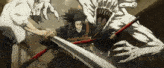 a man is fighting a monster with a sword and a stick