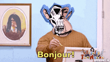 a cartoon of a man painting with the words bonjour written on the bottom