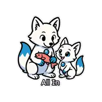 a cartoon of a fox holding a fish with the words all in below