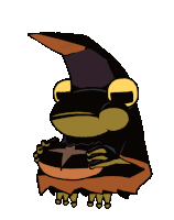 a frog is wearing a batman cape and holding a bat in its mouth