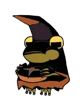 a frog is wearing a batman cape and holding a bat in its mouth