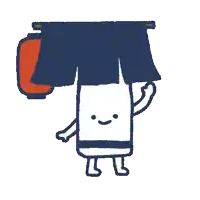 a cartoon drawing of a person holding a curtain