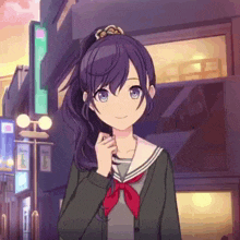 a girl with long purple hair and blue eyes is wearing a school uniform and a red bow tie .