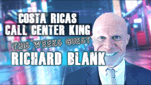 a man in a suit and tie is smiling in front of a costa rican call center king sign