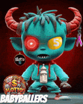 a cartoon character with horns and a baby bottle with the number 5 on his eyes