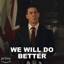 a man in a suit and tie stands at a podium with the words we will do better behind him
