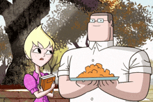 a cartoon of a man holding a plate of food next to a girl