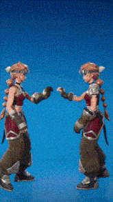 two cartoon characters are jumping in the air