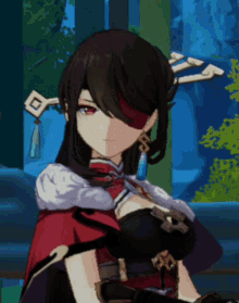a girl with a red eye is wearing a red and black outfit