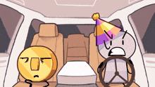 a cartoon character wearing a party hat is driving a car next to a coin