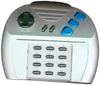 a video game controller with a green button and blue buttons on a white background