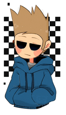 a drawing of a person wearing a blue hoodie and sunglasses