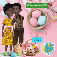 a couple standing next to a basket of easter eggs and flowers