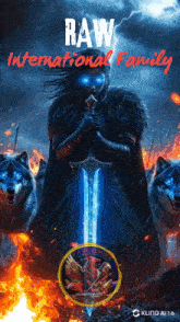 a poster for raw international family shows a man holding a blue sword