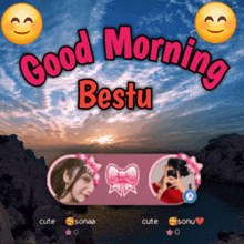 a poster that says good morning bestu with two girls on it