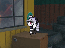 a cartoon character is standing on a cardboard box with a sticker on it that says ' a '