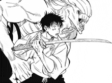 a black and white drawing of a man holding a sword next to a monster .