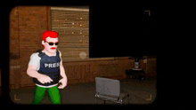 a cartoon character wearing a vest that says press on it