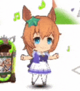a cartoon girl with brown hair and blue eyes is standing next to a green container .