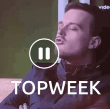 a man with his eyes closed is sitting in front of a screen that says topweek