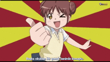 a cartoon girl giving a thumbs up with a yellow and red background