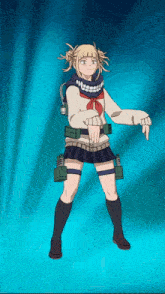 a girl in a school uniform is pointing at something