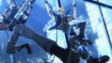 a man is falling through the air with a gun in his hand