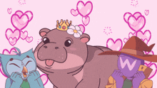 a cartoon of a hippo wearing a crown and a flower on its head