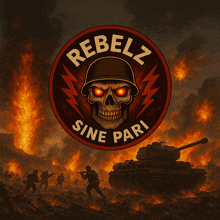 a logo for rebelz sine pari with a skull in the middle