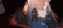 a man in a spiderman costume looks at another man reading a book in a room