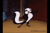 a cartoon of a black and white skunk dancing with justanimalstream.net written on the bottom