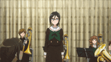 a girl in a school uniform stands in front of an orchestra